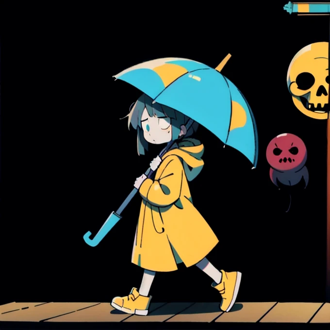  girl, wearing a yellow raincoat, Carafe Walking in the Dark with an Umbrella in a Prison Cell, A Little Nightmare, six from A Little Nightmare, inspired Goro Fujita, Limbo Game , Horror movie stills,  horror video game , yume nikki, Indie Video Game Horror, Mysterious figure,  Volumetric Moody Lighting  ,video game screenshot, Goro Fujita