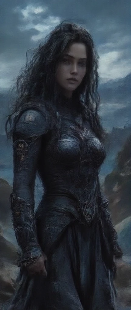 a beautiful female warrior, fullbody, em pé olhando de cima de uma colina, highly detailed portrait,realistic,photorealistic, 8k, HDR, hyper detailed face,striking gaze, flowing hair, ornate armor, intricate detailing, dramatic lighting, moody colors, cinematic composition, fantasy, concept art style