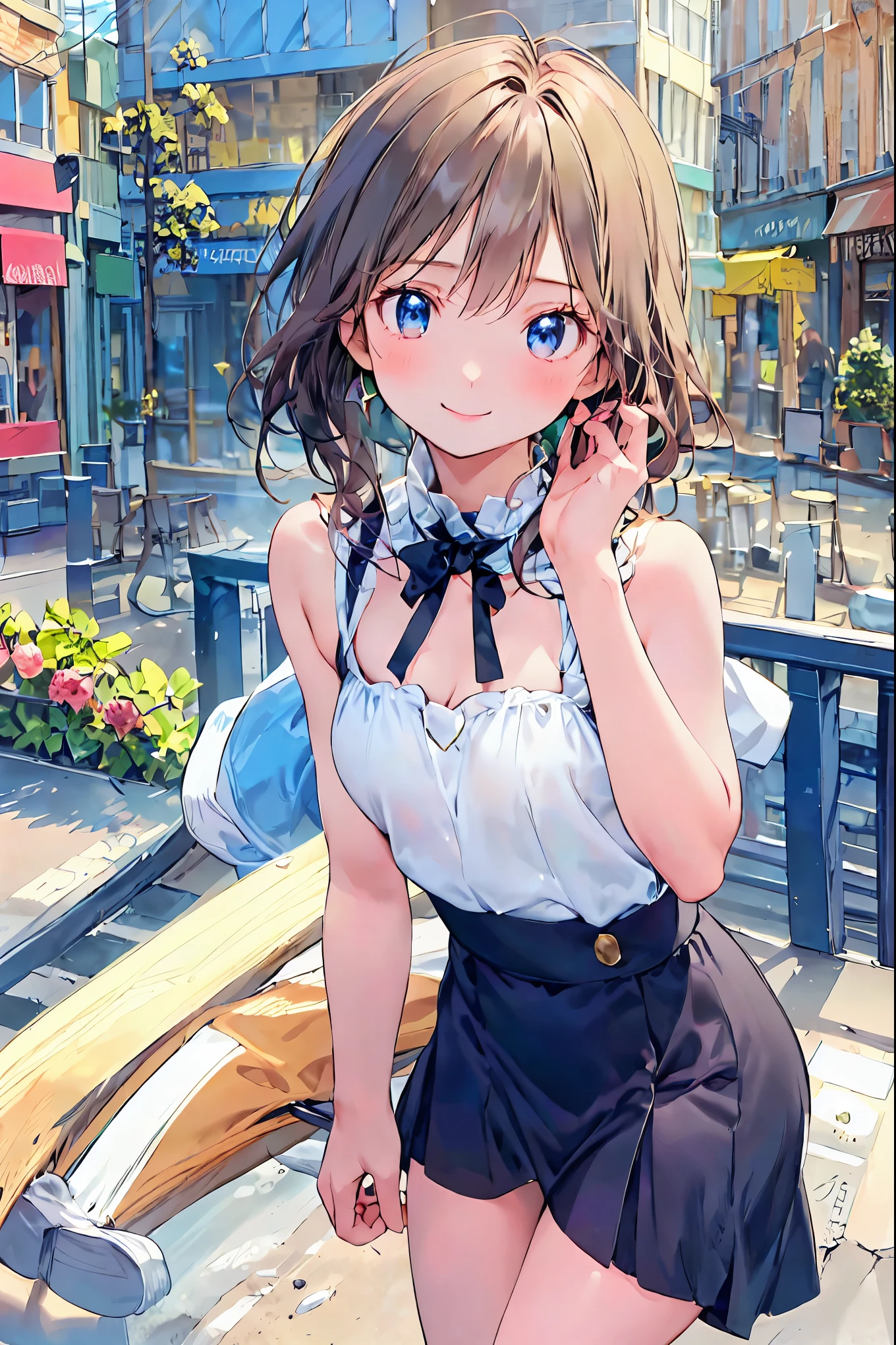  for lightss,  for lights  ，            Beautiful Face Details，cute，        dark brown eyes，(背の低いcute女の子，Young student，Young and delicate girl）,（              Masterpiece       ，  for lightss,  for lights  )，        black hair， Checkered black skirt，      sleeveless､     brown hair，         shortcuts ，       messy hair        ，                Short Braided Hair                ，Neat，        slender beauty ，Dignified posture，        small breasts ，            Her charming gray-blue eyes sparkle like stars，        bright color ,                beautiful eyes        ,A delicate smile,textured skin,        best quality、The best   ,            A parody of a gentle and beautiful woman  のパロディ        ,       anime style  ､ brown hair，  shortcuts，  tousled hair，  Short Braided Hair  ，Neat， Slender and beautiful，Correct posture， small breasts，  beautiful legs， Their enchanting gray-blue eyes shine like stars，Droopy eyes，  bright color,   beautiful eyes ,A delicate smile,textured skin,The best品質を最高に,   A parody of a gentle and beautiful woman  ,  anime style､