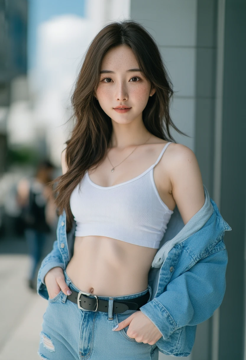 ​masterpiece、8K、32K、top-quality、(A detailed eye)、(A cute Japanese woman、bangss)、23years old、1 girl in、elegent、(Detailed background depiction、portlate:1.2)、(barechested、jean jacket、white  panties:1.2)、new york streets、Sunlight、during daytime、ssmile、(High Position、high-angle:1.6)
