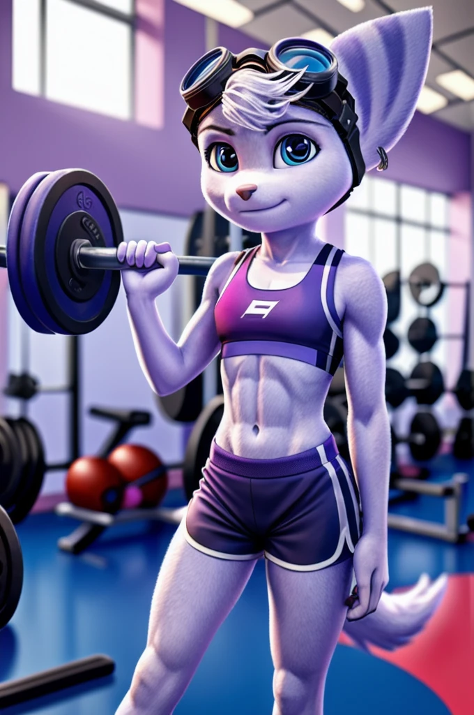 Rivet, tail, furry girl, 1girl, solo, young, (blue soccer shorts), (purple soccer sports bra), (red soccer shoes), inside a gym , standing, detailed body fur, detailed body, detailed eyes, detailed face, athletic, skinny, high quality, masterpiece, goggles, looking at you, full body,