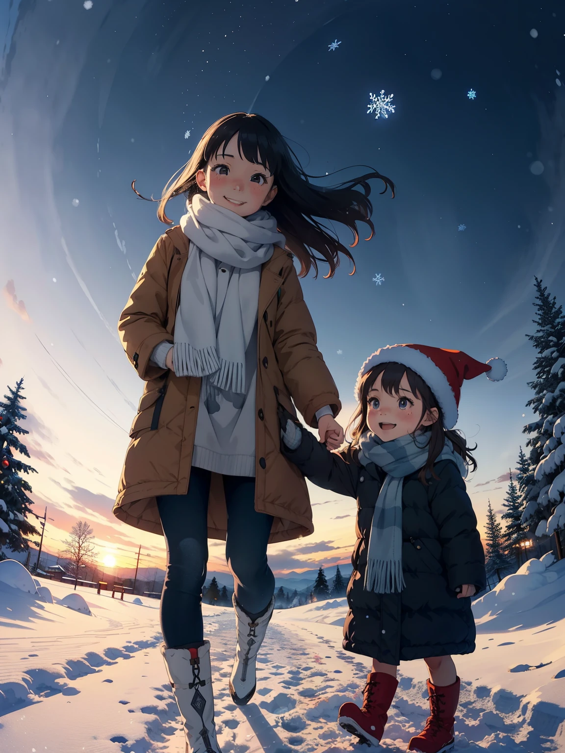  greatest masterpiece， best quality， high image quality，( super flat， flat shading )， fisheye lens:1.4， beautiful petite trained young mother and her very adorable little trained daughter:1.25， warm scarf，Christmas anime style costume ，(naked)，  long hair， boots，smile, smile，White Breath:1.2，fun, play, winter, snow, 新snow，At dusk，Beautiful sunset， Aurora，Wide angle,       bright color , watercolor,   Ghibli style，Strong winds， girl&#39;Lure，