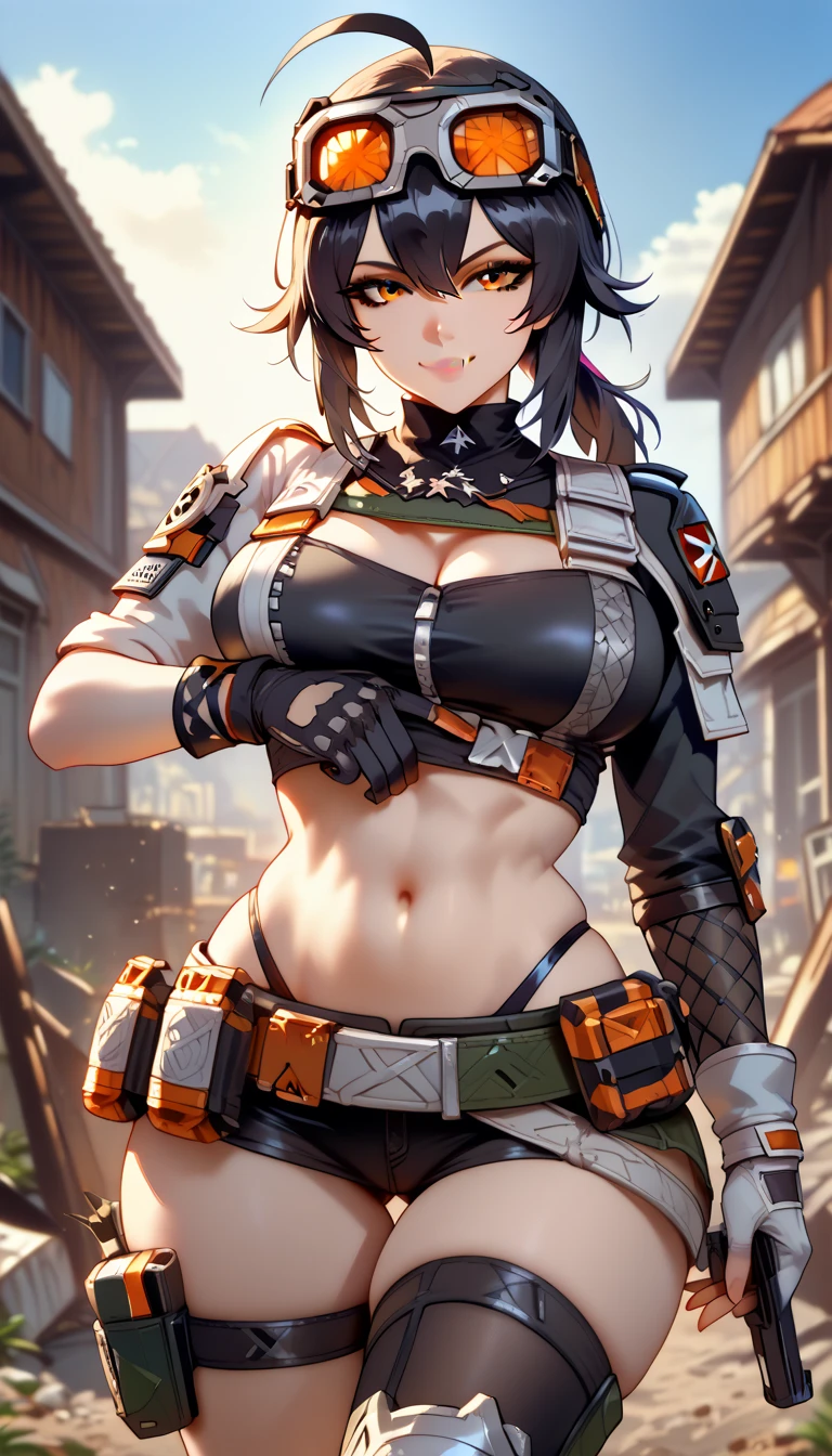 ultra-detailed, 1girl, grace, Zenless Zone Zero, (best quality), ((masterpiece)), (highres), 16K, orange eyes, perfect face, short hair, black hair, low ponytail, ahoge, goggles on head, wearing black crop top, wearing black leggings, thong, thigh straps, knee pads, holster, asymmetrical gloves, belt, busty body, large breasts and a beautiful ass, showcasing cleavage, legs, hips, (holding assault rifle), looking at viewer, smile, detailed body, thigh details, construction site background