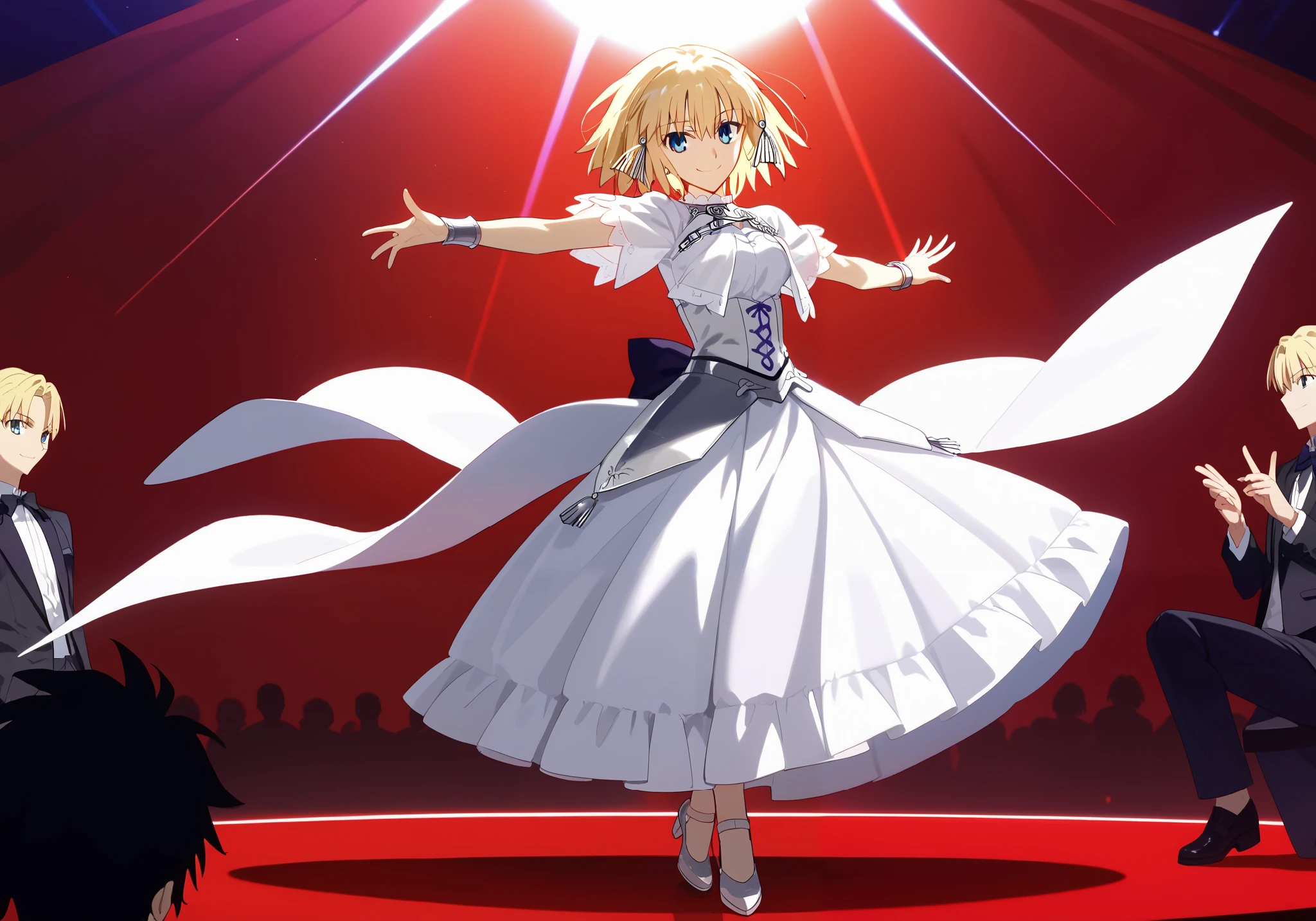 1 woman 1 men, sunny day, RAW, UHD, 8K, Takeuchi Takashi style, Jeanne D arc, Fate/Grand Oder, (closeup:1.1), highly detailed face, blonde hair, blue eyes, white dress, full body, give hand, Smile, Look at the viewer, Dancing, ballroom, Closer,