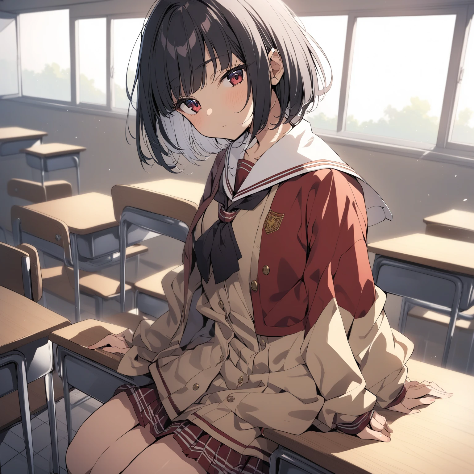 [high quality, best quality], 1girls, sitting, classroom, 1girls, yugiri tsuzuri, bob cut, hasunosora school uniform, sitting on desk, looking at viewer, expressionless, classroom
