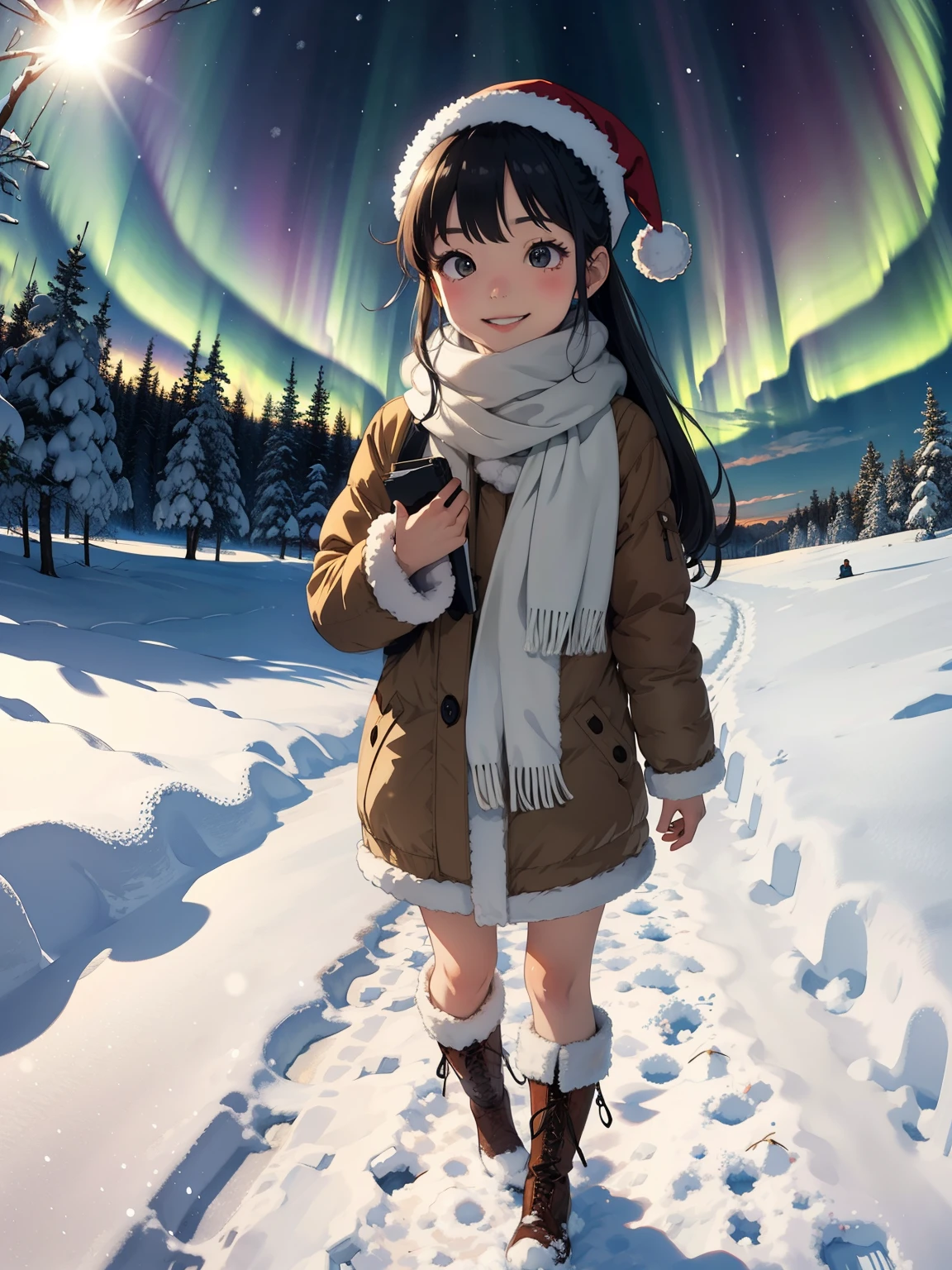  greatest masterpiece， best quality， high image quality，( super flat， flat shading )， fisheye lens:1.4，Beautiful petite trained young mother and her very adorable trained daughter:1.25， warm scarf，Christmas anime style costume ，(naked)，  long hair， boots，smile, smile，White Breath:1.2，fun, play, winter, snow, 新snow，At dusk，Beautiful sunset， Aurora，Wide angle,       bright color , watercolor,   Ghibli style，Strong winds， girl&#39;Lure，