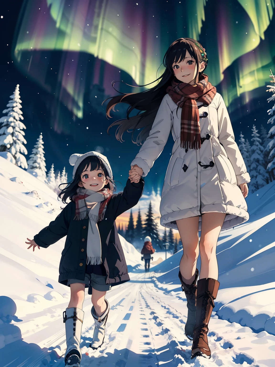  greatest masterpiece， best quality， high image quality，( super flat， flat shading )， fisheye lens:1.4，Beautiful petite trained young mother and her very adorable trained daughter:1.25， warm scarf，Christmas anime style costume ，(naked)，  long hair， boots，smile, smile，White Breath:1.2，fun, play, winter, snow, 新snow，At dusk，Beautiful sunset， Aurora，Wide angle,       bright color , watercolor,   Ghibli style，Strong winds， girl&#39;Lure，