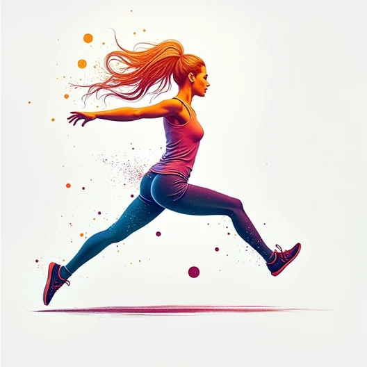 The image shows a silhouette of a person running, composed of ink stains in vibrant colors like pink, purple, azul e amarelo, representing movement and energy. from beside, there are colored curved lines that reinforce the feeling of dynamism. with The background is white, highlighting colors and text, Imparting vitality and health."