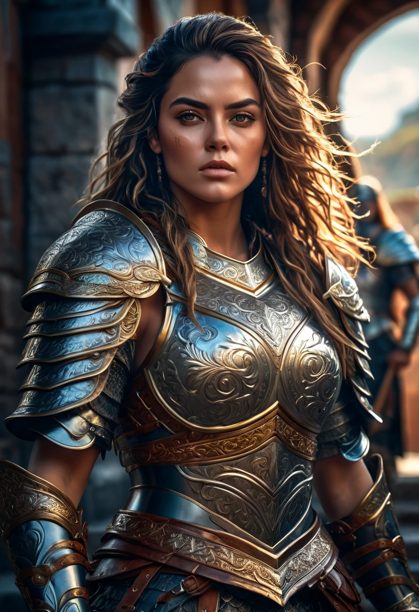 a beautiful female warrior, fullbody, em pé olhando de cima de uma colina, highly detailed portrait,realistic,photorealistic, 8k, HDR, hyper detailed face,striking gaze, flowing hair, ornate armor, intricate detailing, dramatic lighting, moody colors, cinematic composition, fantasy, concept art style