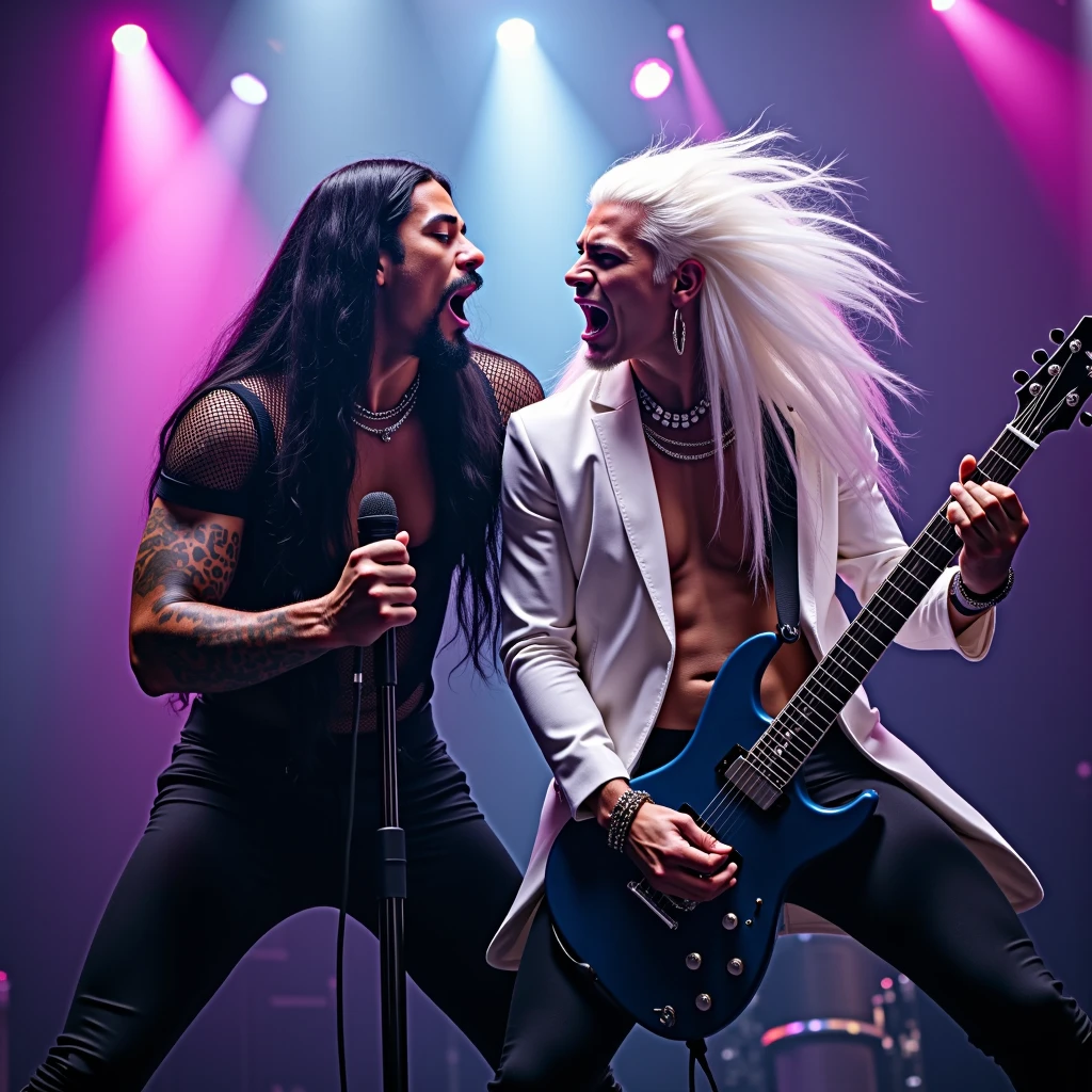 A man with (very long black hair) is the main vocalist for a rock group, he is holding a microphone and singing to the crowd. He wears a (stylish fishnet top that shows off his toned physique), leather pants. Beside him is a man with (very long white hair and pointed elven ears). He is playing an electric guitar. He wears a stylish white Rockstar outfit, he is smiling. Setting is a small concert venue, hazy, smokey, dim lights aside from the stage lights. They both look majestic, owning 