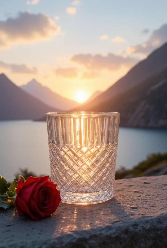 The sun in a crystal glass by the sea, against the background of the mountains, a glass of regular classical shape, opened from above, below, next to the glass, is a red rose, high-quality realistic photography