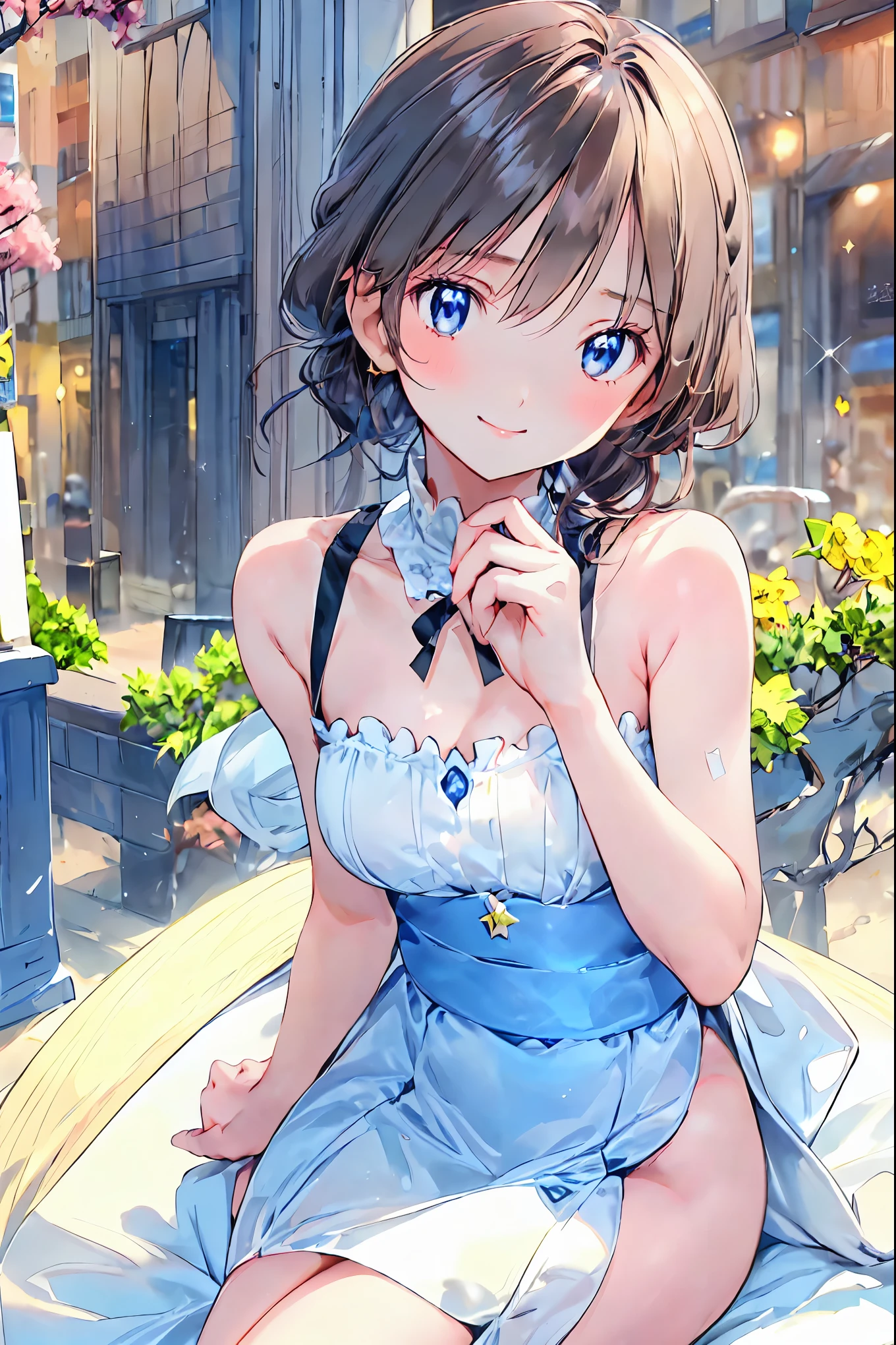 for lightss, for lights , Beautiful Face Details,cute, dark brown eyes,(背の低いcute女の子,Young student,Young and delicate girl),( Masterpiece , for lightss, for lights ), black hair, Checkered black skirt, sleeveless、 brown hair, shortcuts , messy hair , Short Braided Hair ,Neat, slender beauty ,Dignified posture, small breasts , Her charming gray-blue eyes sparkle like stars, bright color , beautiful eyes ,A delicate smile,textured skin, best quality、The best , A parody of a gentle and beautiful woman のパロディ , anime style 、 brown hair, shortcuts, tousled hair, Short Braided Hair ,Neat, Slender and beautiful,Correct posture, small breasts, beautiful legs, Their enchanting gray-blue eyes shine like stars,Droopy eyes, bright color, beautiful eyes ,A delicate smile,textured skin,The best品質を最高に, A parody of a gentle and beautiful woman , anime style、