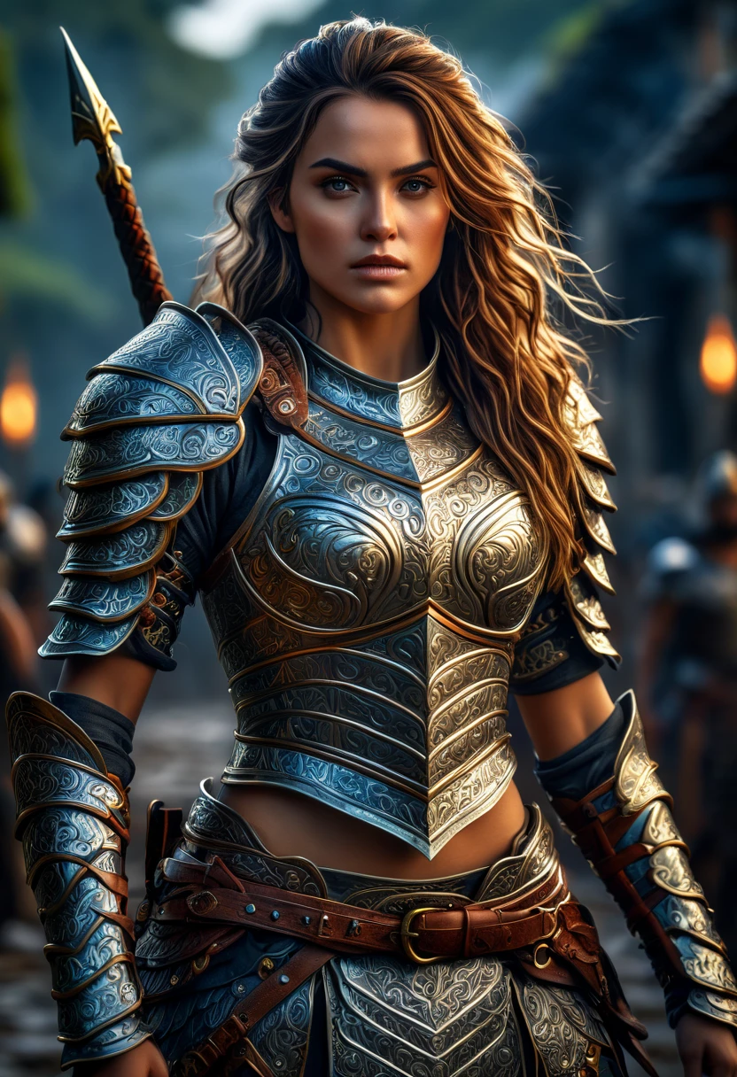 a beautiful female warrior, fullbody, em pé olhando de cima de uma colina, highly detailed portrait,realistic,photorealistic, 8k, HDR, hyper detailed face,striking gaze, flowing hair, ornate armor, intricate detailing, dramatic lighting, moody colors, cinematic composition, fantasy, concept art style