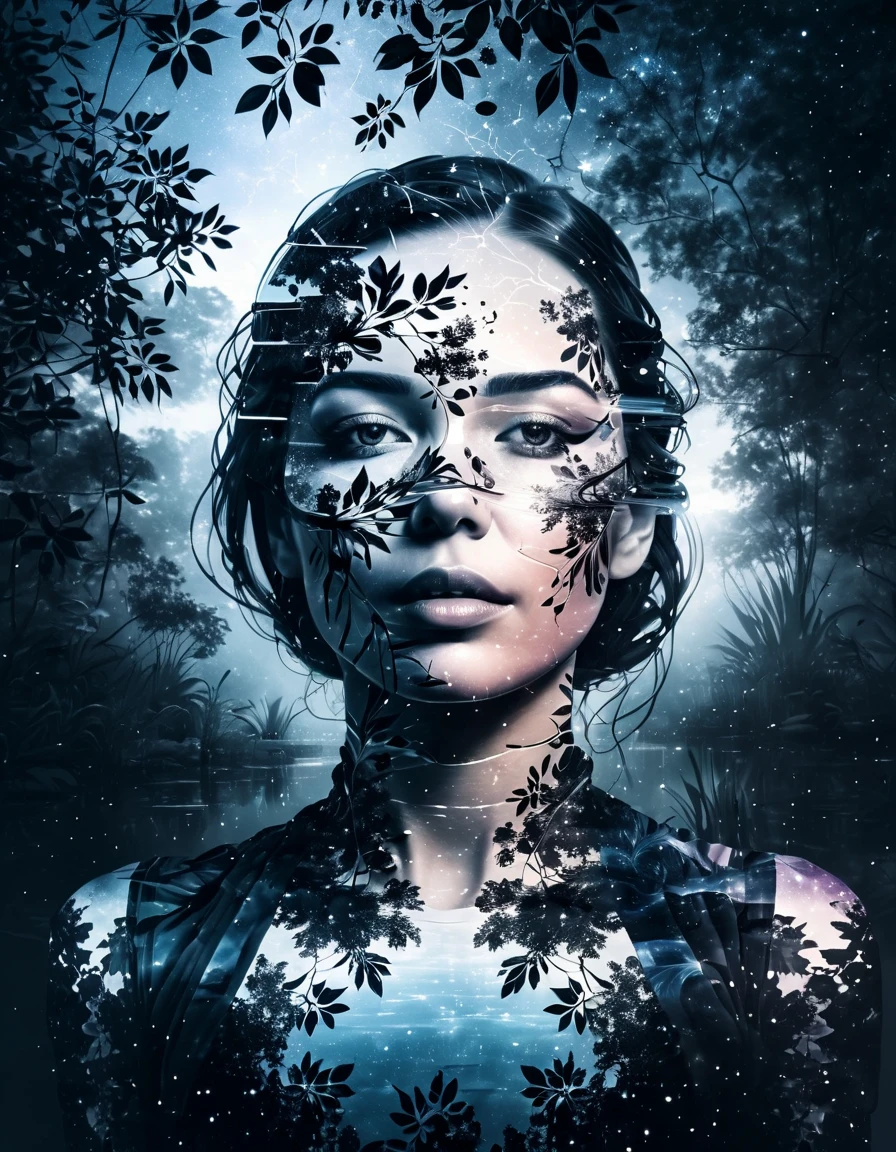 (Double exposure:1.3), effect of a women's face superimposed on a pond,  ultra detailed，Galaxy