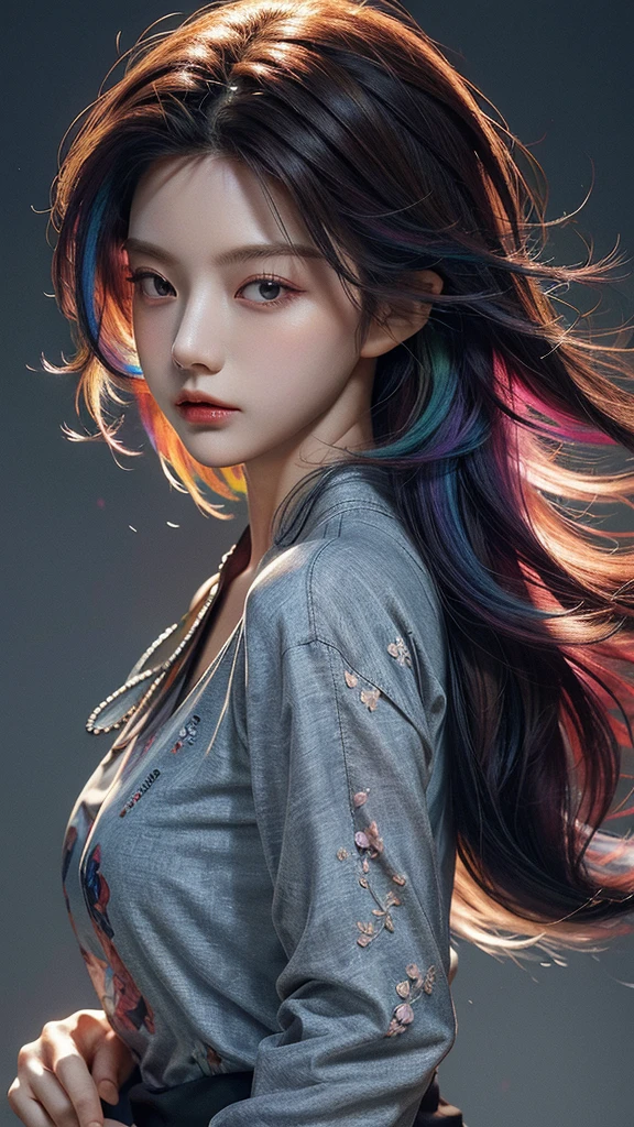 ( large silhouette top with colorful colors, casual clothing and mode type :1.0), 8k wallpaper, wonderful, (masterpiece), ( top quality), ( Very detailed ), (illustration), ( extremely delicate and beautiful ),dynamic angle,rainbow hair , Detailed and cute face , extremely delicate and beautiful girl,