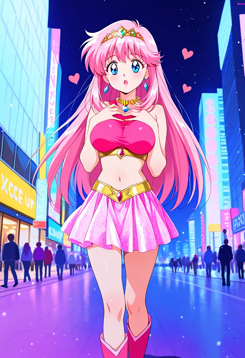 1girl, solo, masterpiece, best quality, (anime art style:1.0), round breasts, long bright pink straight hair, curious facial expression, 1990s ShoujoManga Anime Style [XLlora], cute girl, pink and gold princess tiara with jewels, heart earrings, light pink crop top, open mouth, new York city background/landscape, city background, walking, platform pink boots, hands over her chest, blue eyes, long gold skirt with pink hearts pattern, gold necklace