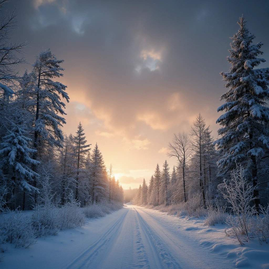 a winter landscape, snow-covered trees, snow falling, moody cloudy sky, warm lighting, atmospheric, cinematic, (best quality,4k,8k,highres,masterpiece:1.2),ultra-detailed,(realistic,photorealistic,photo-realistic:1.37),8k, award winning, studio lighting, dramatic lighting, volumetric lighting, dramatic shadows, dramatic atmosphere, moody, serene, peaceful, tranquil, beautiful, stunning