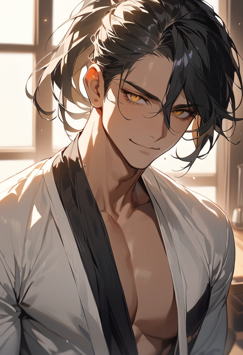 (masterpiece,  high resolution,  top quality), Alone, 1 male, 29-year-old man ,  good-looking, sexy,  tanned skin, Black Hair, Men's ponytail , yellow eyes, A sly smile, reply,  looking at viewers, black skin