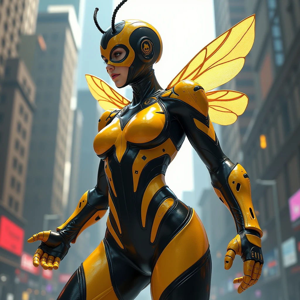 (masterpiece: 1.5, best quality: 1.5, absurd), ultra detailed, perfect ???????, (hand reference ???????: 1), an illustration ((An exquisitely detailed dynamic image of an amazing flying insectoid girl, queen bee girl ), adorned with a remarkable yellow wasp shell/armor, shiny plug suit, narrow waist, wasp wings, bee wings, yellow jacket, large and round breasts, cleavage, ((full body, cowboy shot)), Flying, cute girl's face, CGSoation Trends, forest green blurred background, surrounded by several bees flying around her ), dynamic action, core of intelligence, shading, faster, colorful and intense, very intricate details,