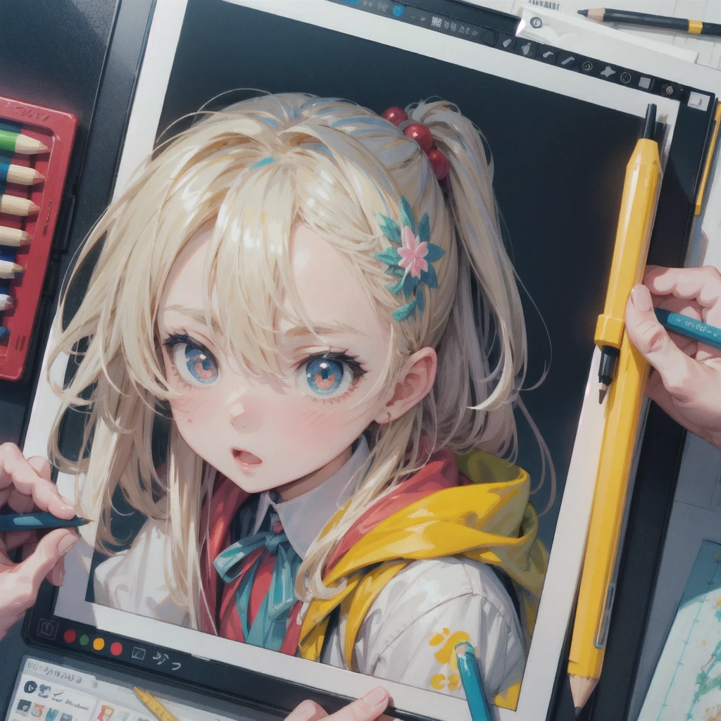 「 ⁉️」 style ,there is a drawing of a girl with a pencil on a wall, an anime drawing by Kubisi art, trending on pixiv, conceptual art, anime visual of a cute girl, cute art style, soft anime illustrati on, made with anime painter studio, anime styled 3d, anime style mixed with fujifilm, painted in anime painter studio, anime illustration『notorious』