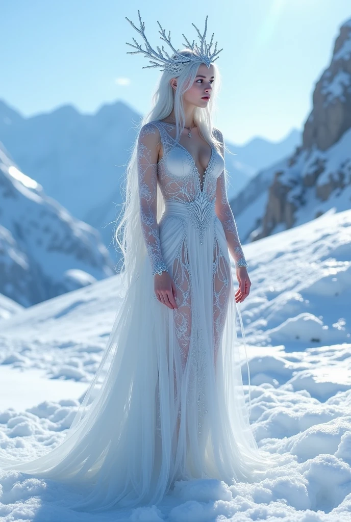 ((masterpiece)) ((photography)) ((Highest quality)) A young sow godess stands majestically in a snowy landscape, adorned in an ethereal white gown that resembles ice formations and delicate frost patterns. Her outfit features intricate details, blending seamlessly with her frosty, spiky headdress that mimics icicles and snowflakes. The background showcases a stunning winter scenery, with soft blue skies and snow-capped mountains. Her expression is serene and powerful, embodying a mystical winter queen or ice goddess. The sunlight glistens off the snow, adding a magical glow to the scene.