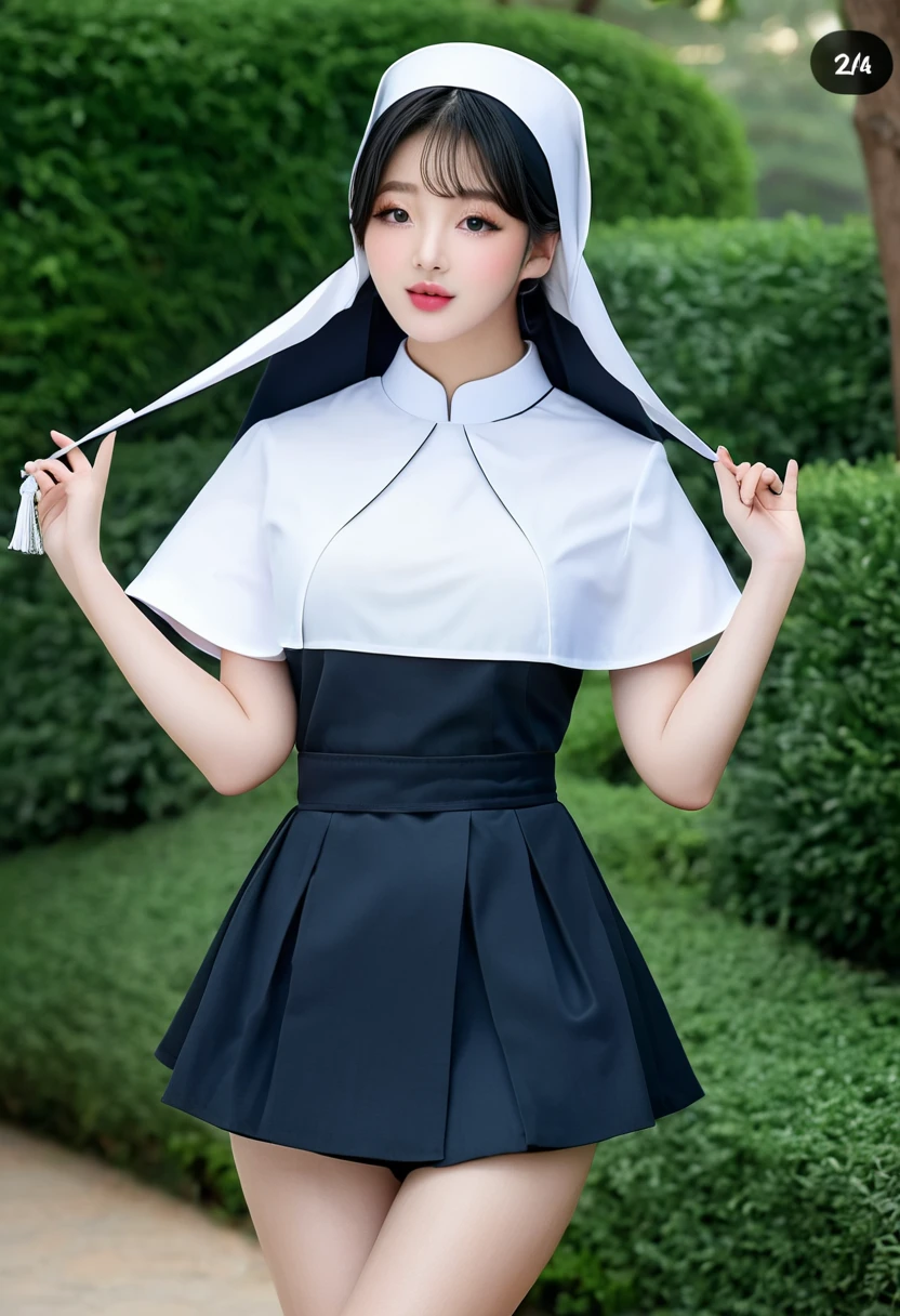 (best resolution), (high quality:1.5), work of art, (8k), extremely detailed, (High details:1.4), solo, ((Park So-dam)), ((Korean Ulzzang female with 24 years old)), ((nun uniform)), (perfect model face:1.4), (perfect hourglass hot body), ((round perfect breasts:1.23)),