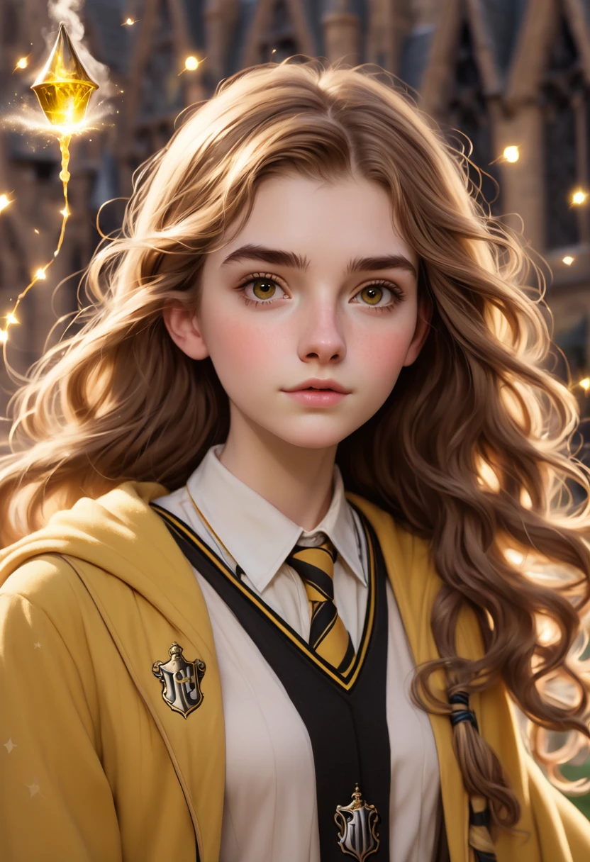 Close-up image of a Hogwarts ager from Hufflepuff.,  Hufflepuff house and Hufflepuff tunic ,  light brown hair, black eyes, parts, light pink lips and thin ,  Hogwarts background and hogwarts theme ,  wand in hand and floating magic 