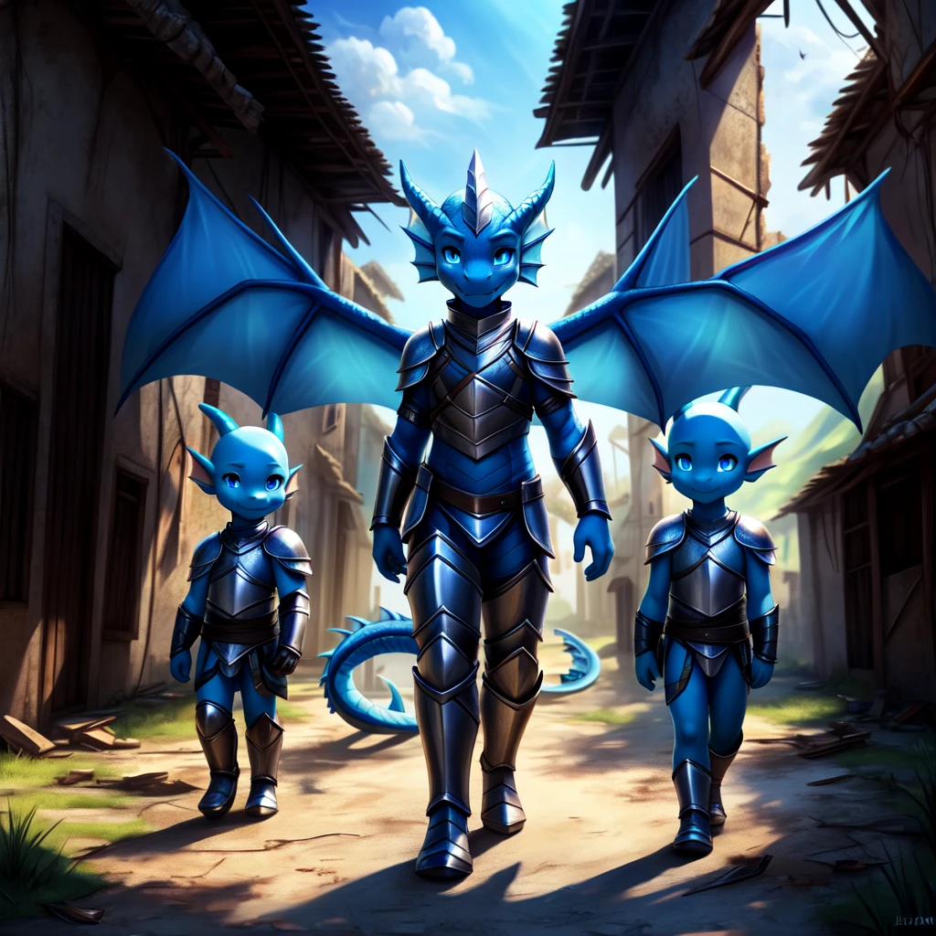 (Detailed face,  detailed background ,  detailed body ) , 4K,  high resolution, 
A little dragon boy , very young, cute,  is wearing leather armor,  A small group of ,  in an abandoned village , blue scales,  blue eyes , no hair, shiny wings,