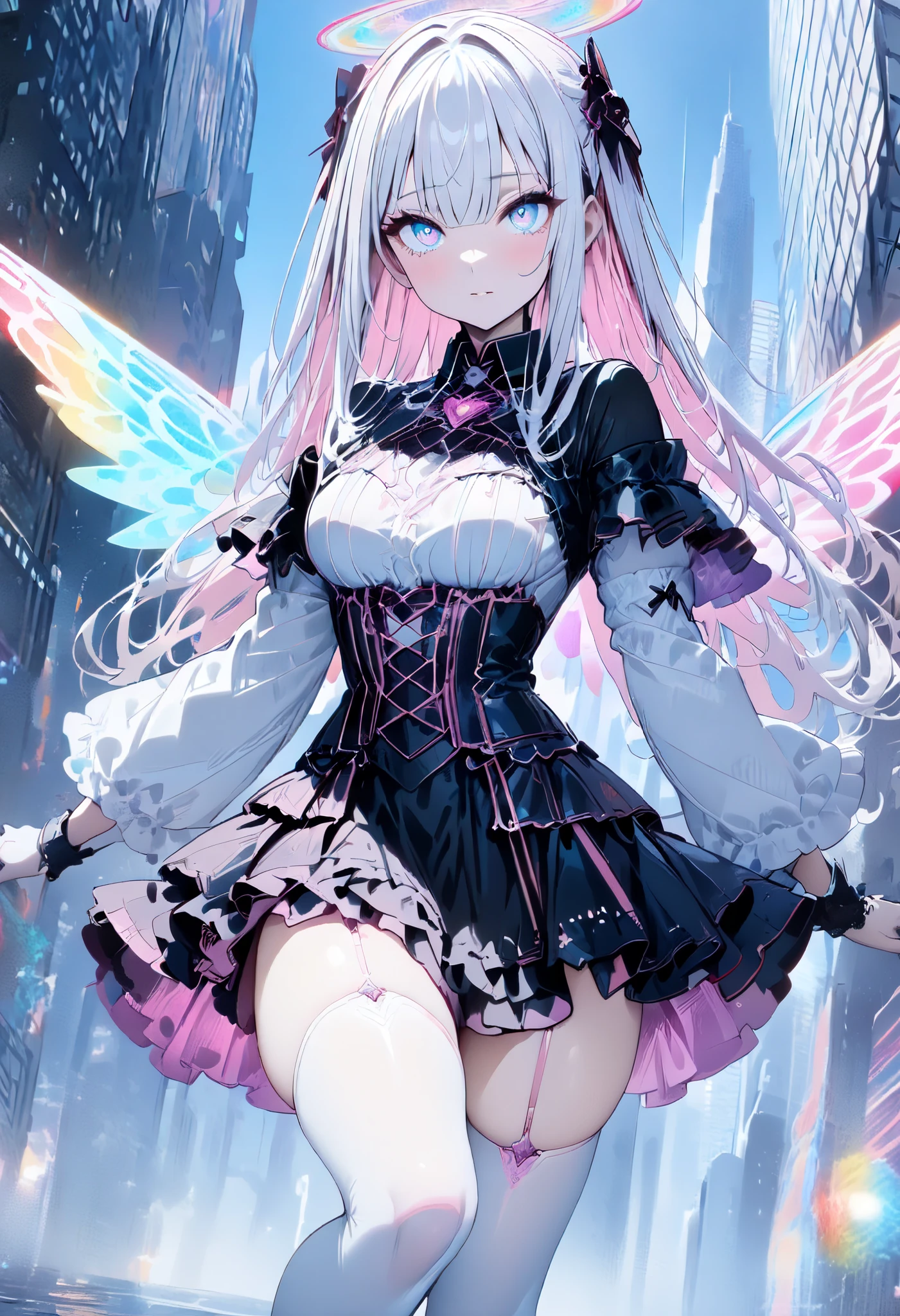 (  Masterpiece ,  best quality:1.2),  girl, Angel、(( beautiful eyes)),White Hair、((( inner color is pink)))、 revealing gothic clothes、 Mini Skirt、glossy white knee-highs、Rainbow Wings of Light 、Skyscraper、Panoramic cityscape、 dynamic movement 