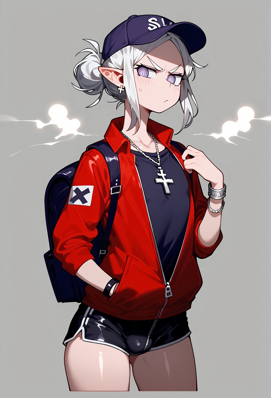 the embodiment of war as a femboy knight, helltaker , elf ears,purple t-shirt, red jacket , purple eyes, tied hair, red background, room background, detailed background, background with details, reflections, shadows and lights, black shorts, alone, red and gray background, femboy, annoyed, displeased, purple cap, work clothes, steam, Gold cross earrings, bracelets, circular silver necklace, carrying delivery backpack black, shiny skin, shiny skin, shorts with open zipper, 1 boy, alone , huge cock , long penis , pubic hair
