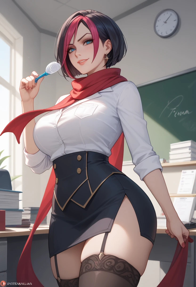 highres, masterpiece, FioraNormal, fiora, headmistress fiora, blue eyes, black hair, medium hair, red streak, (large breasts, thick thighs), standing, thighhighs, black legwear, black dress, teacher, light smile, scarf, v-neck, office