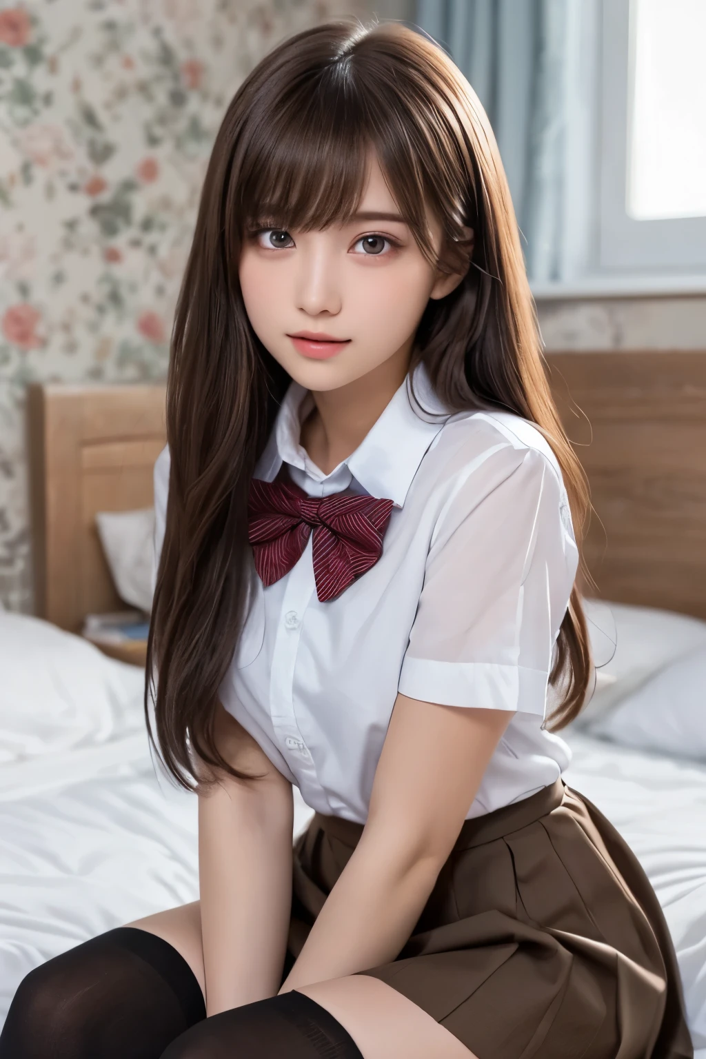 Best quality, masterpiece, ultra-high resolution, 8K, (reality: 1.4), RAW shooting, most detailed face, very detailed and perfect anatomy, live photography; most beautiful face; shining skin; one 18-year-old Japanese.My bangs and eyes are big and cute.It has brown eyes, gentle eyes, long brown hair, a young face, and a large chest.E-cup. Look at the audience.angelic smile.maidennurse、White blouses、Detailed pink panties:1.9、Colossal tits、kawaii、A slight smil、Twin-tailed、Pink tightasutepiece、wear shirt、bow ribbon、Maid Katyusha、Detailed micro short skirt、