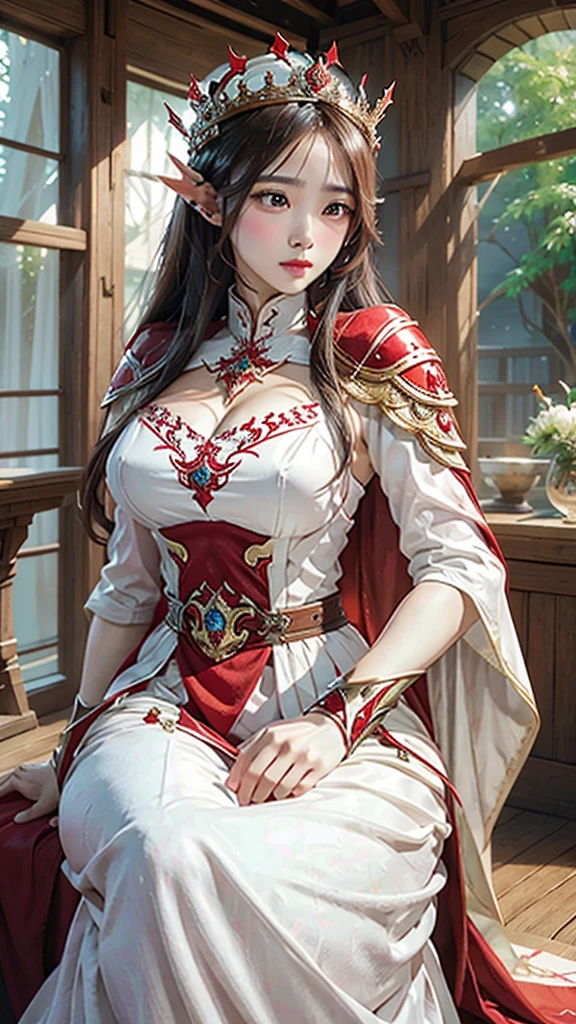 a woman in a red and white dress standing next to a red and white horse, anime goddess, alluring elf princess knight, flowing magical robe, a beautiful fantasy empress, beautiful and elegant elf queen, ((a beautiful fantasy empress)), beautiful celestial mage, irelia from league of legends, white and red armor, keqing from genshin impact