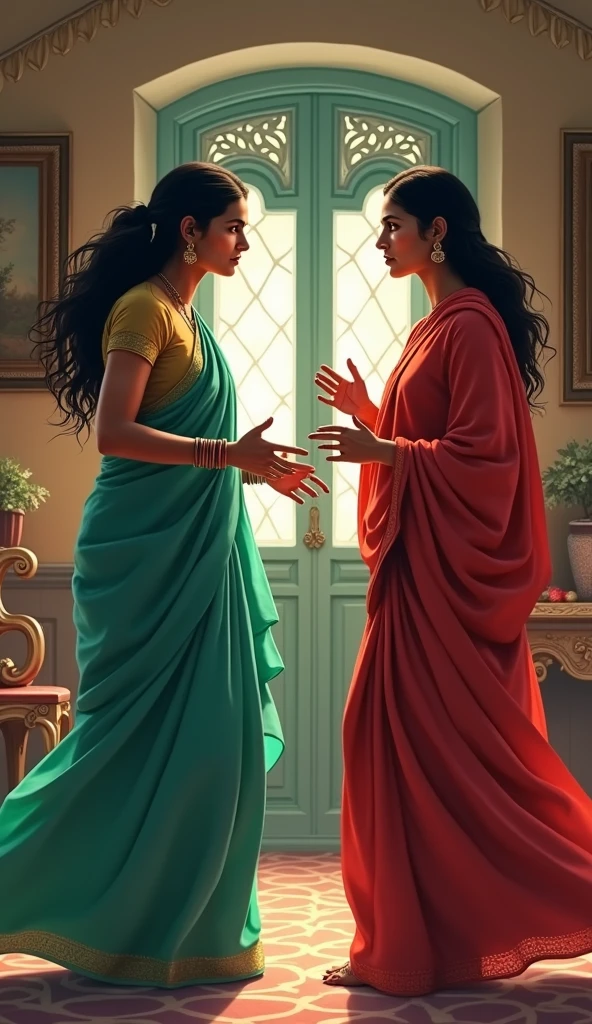 detailed pencil sketch of two Indian women standing in their balconies and talking to each other from across the street