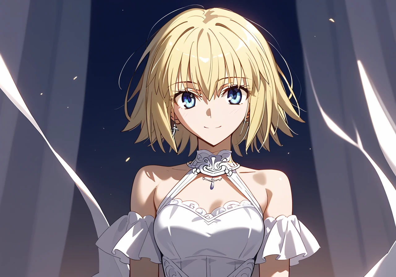 A woman, sunny day, RAW, UHD, 8K, Takeuchi Takashi style, Jeanne D arc, Fate/Grand Oder, (closeup:1.1), highly detailed face, blonde hair, blue eyes, White evening dress, give hand, Smile, Look at the viewer, only face and waist