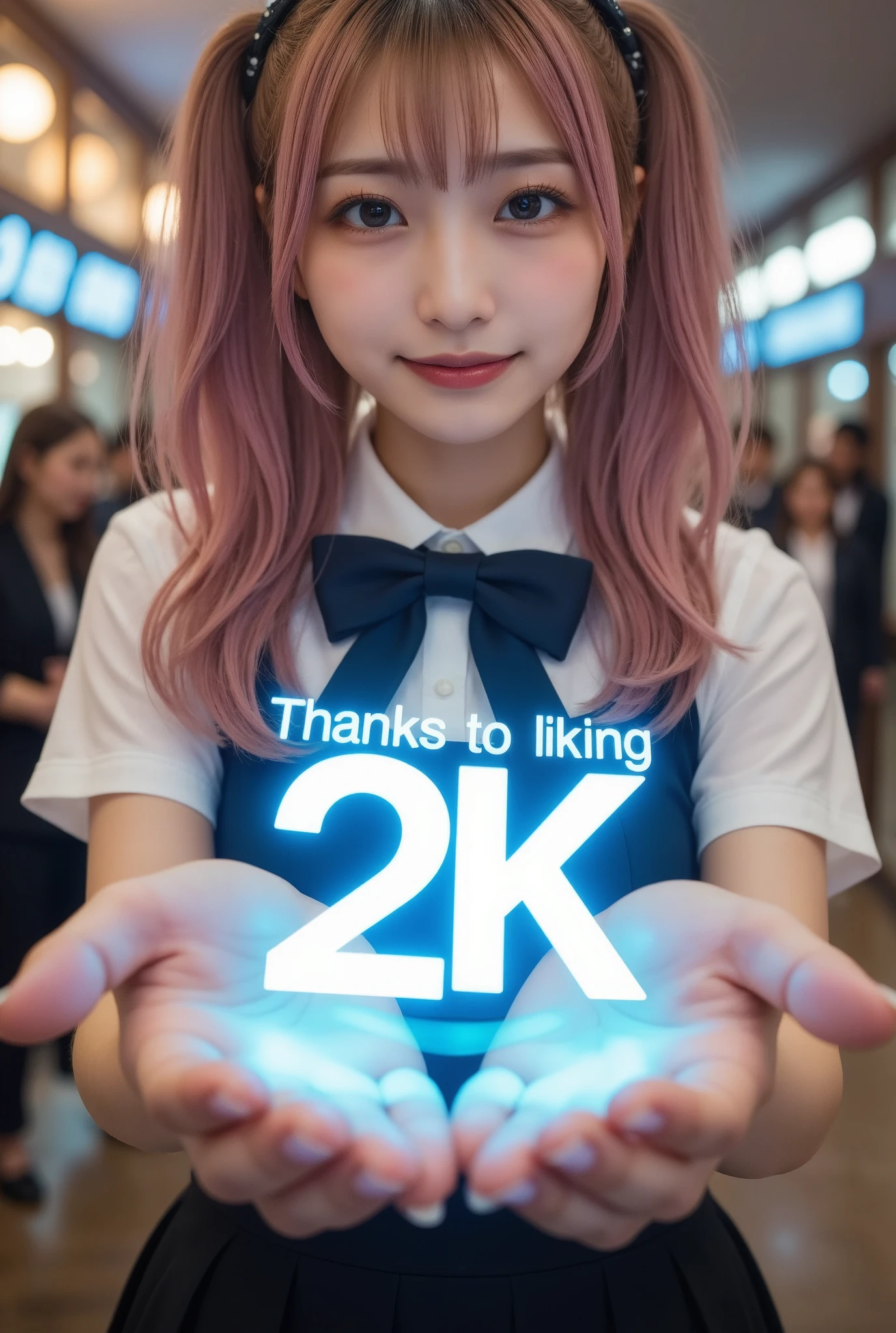 A futuristic 3D hologram of a glowing logo in a person's palm,the logo reads 'Thanks for liking 2K♡.',vibrant colors,high-tech atmosphere,detailed hands,sci-fi aesthetic,(happy,smile),soft lighting.,The scene is realistic and beautiful,highlighting its digital aspect.,1girl,gal,makeup,smile,(golden,pink hair,two-tone hair),long hair,two side up,black bow,Black eyes,Gothic Maid,frill,black bowtie,black skirt,,A realistic and beautiful portrait of a cute girl,