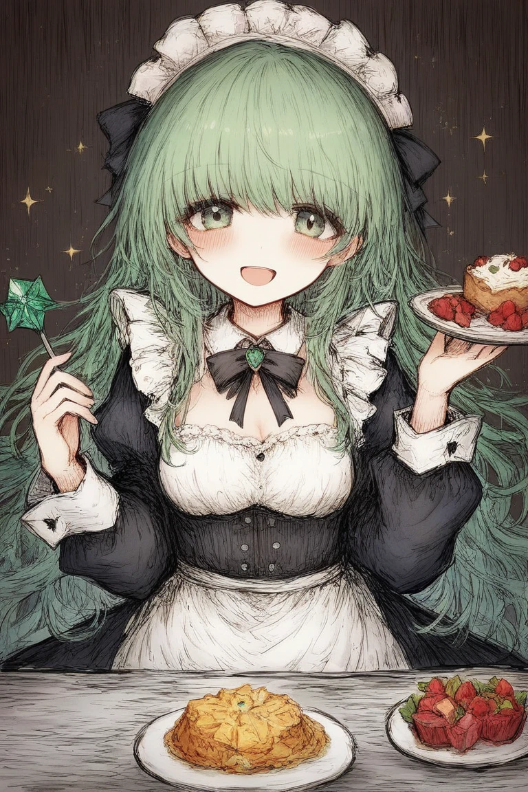 Black souls style, (masterpiece、premium quality、ultra detailed)、((1 girl)), Young, beautiful, with emerald green bob hair, large, expressive eyes of the same color,medium breasts, dressed in a maid outfit adorned with emerald ribbons, friendly ,mouth open and smiling, blushing, holding a plate of food, cozy cafe atmosphere, detailed and vibrant anime style