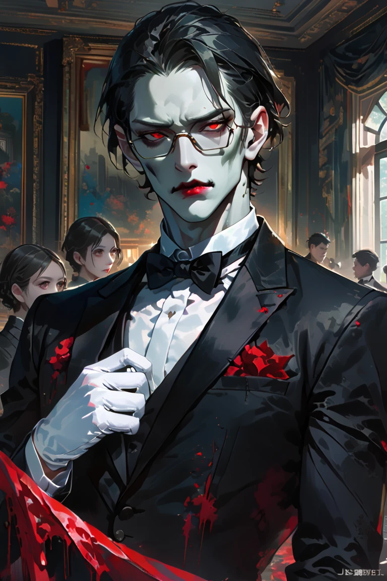 masterpiece, best quality, face fix, 1boy, ((black hair:1.5)), red eyes, slender_eyebrow, long eyelashes, thick lips, black lips, business suit, tuxedo, rectangular eyewear, male focus, short hair, hair slicked back, white gloves, zombie, pale skin, zombie skin,  mansion, blood on face, blood on clothes, luxury living room, looking at viewer, surprised face, standing, butler,