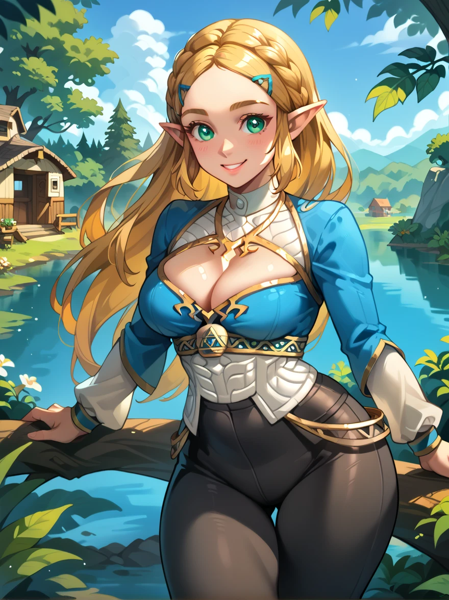 score_9, score_8_up, score_7_up, source_anime, 1 girl, Princess Zelda, long hair, hair up, gorgeous eyes, black pants, blue sweather, slim, slim waist, big breasts, cleavage, wide hips, fat butt, thick thighs, beautiful legs, hyrule, close to lake, trees, bushes, logs, outside cottage, calm, relaxed pose, calm smile