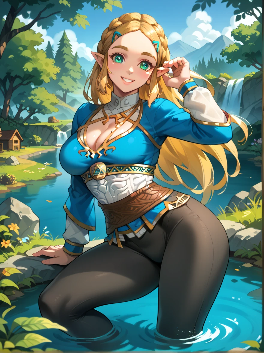 score_9, score_8_up, score_7_up, source_anime, 1 girl, Princess Zelda, long hair, hair up, gorgeous eyes, black pants, blue sweather, slim, slim waist, big breasts, cleavage, wide hips, fat butt, thick thighs, beautiful legs, hyrule, close to lake, trees, bushes, logs, outside cottage, calm, relaxed pose, calm smile