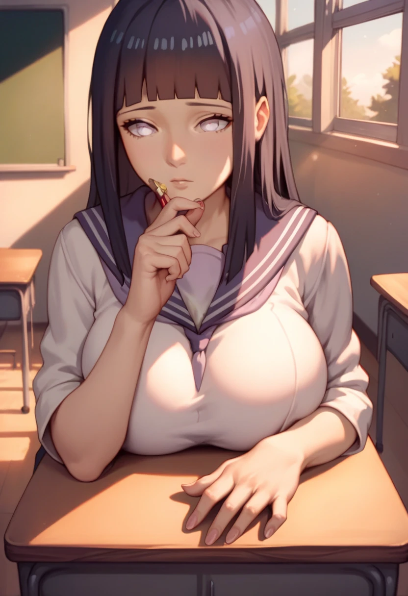 score_9,score_8_up,score_7_up, source_anime,hyuuga Hinata, long hair, with bangs, white eyes, in Classroom, school uniform, big breast, sitting in desk, innocent expresion, front view, natural hand, perfect body, perfect Classroom situation, 