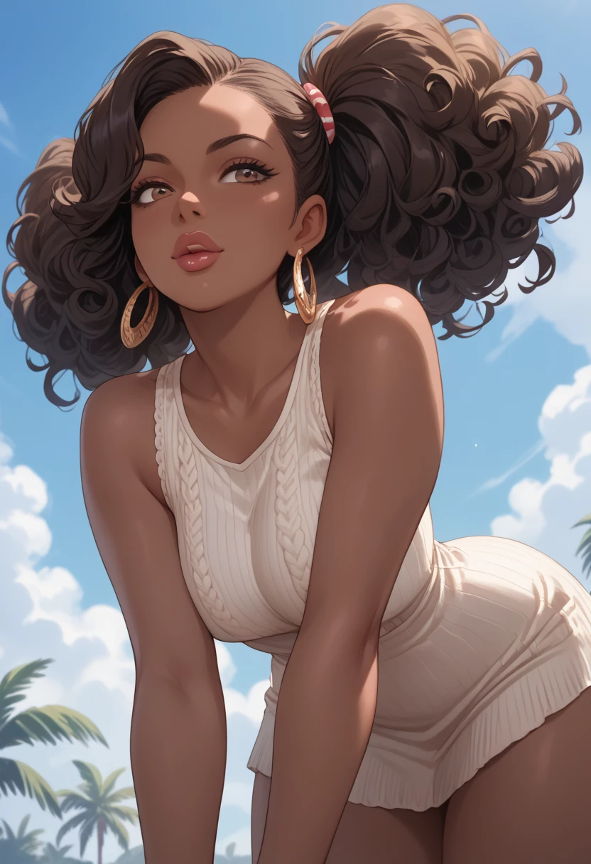 Almond-eyed Dark Mocha-skin tonned African-American woman with SHORT dark curly hair, juicy lips, and a large chest. She is bent over with her Breast in the Foreground while She is looking seductively  , she is wearing a sweater dress with the Back Cut out . Below view 