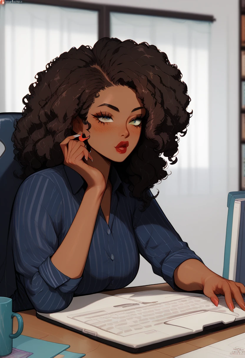 Black woman with long curly hair secretary typing on her laptop at her desk