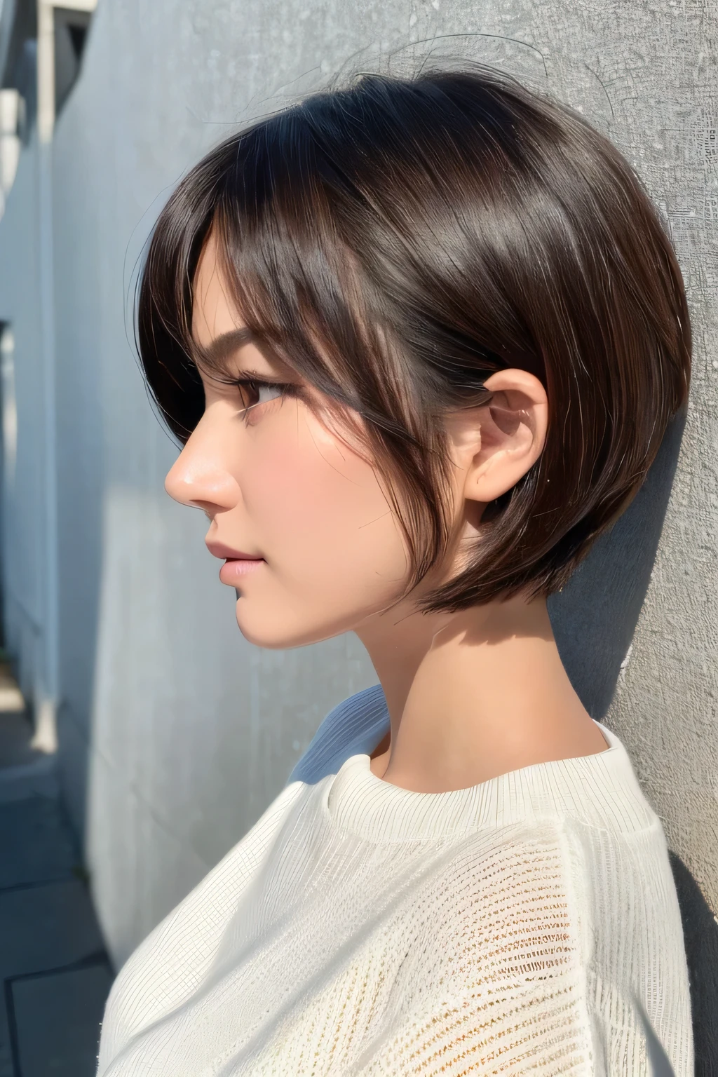 (  best quality:1.4),   RAW photo , ( realistic , photo- realistic :1.37), pro photo shadow, Cinematic Light, (  beautiful face: 1.2),Beauty、  beautiful woman、  profile、 White knit、clothes、gross、shadow、 look up 、  short bob hair、White wall、  back view