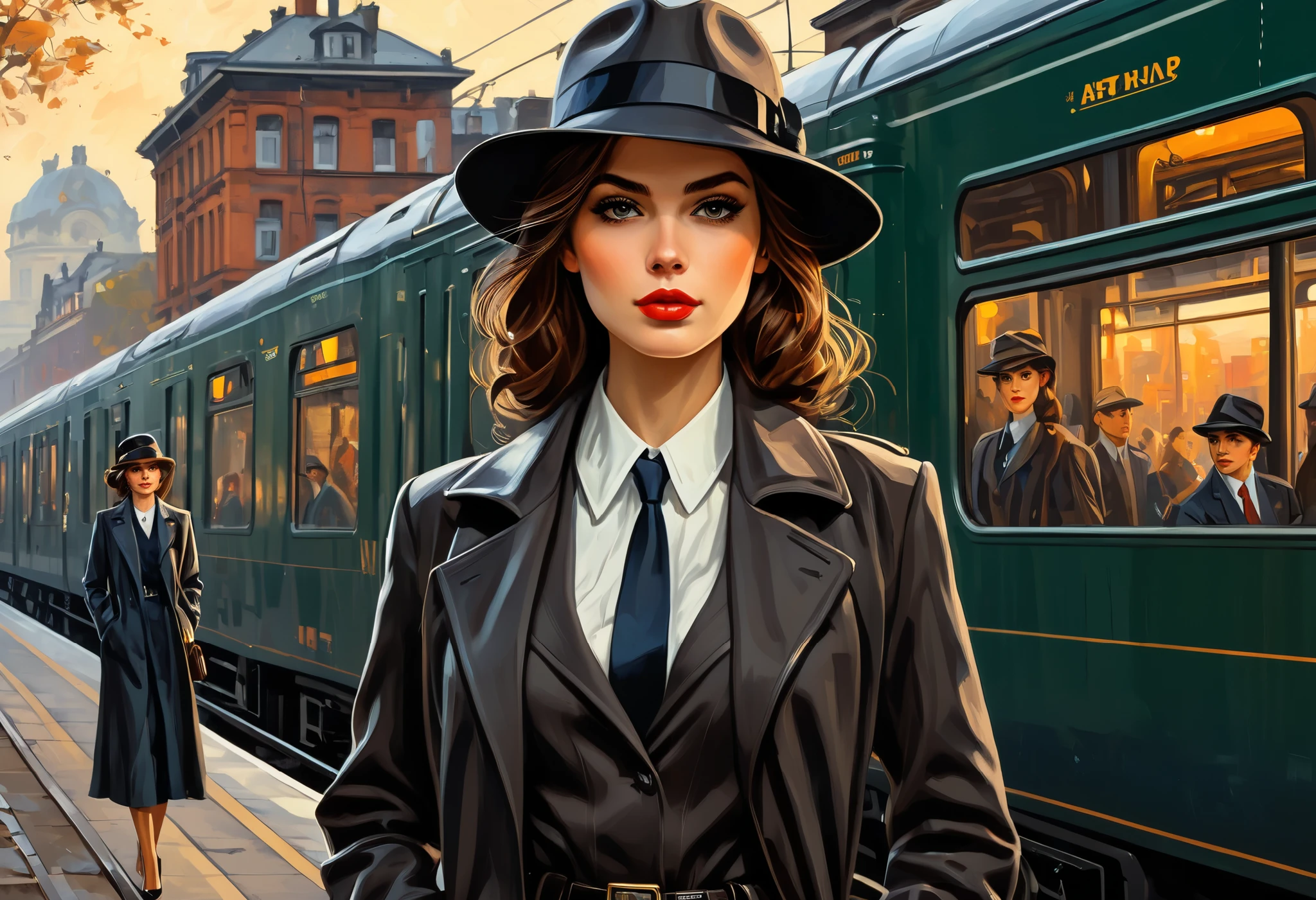 Style (cover art:1.3) of a young woman standing in-front of a train, medium shot, (front-view:1.3), (beautiful detailed face), she wearing detective style clothing, comic, {style of Arthur Adams|(style of Leonid Afremov:1.1)}, train in background, intricate detailed, high-resolution image