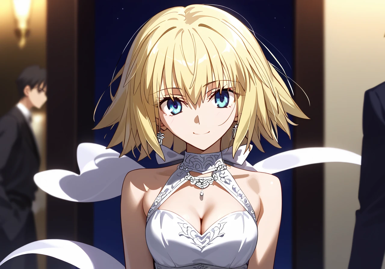 A woman, sunny day, RAW, UHD, 8K, Takeuchi Takashi style, Jeanne D arc, Fate/Grand Oder, (closeup:1.1), highly detailed face, blonde hair, blue eyes, White evening dress, hand, Smile, Look at the viewer, only face and waist, Breast,