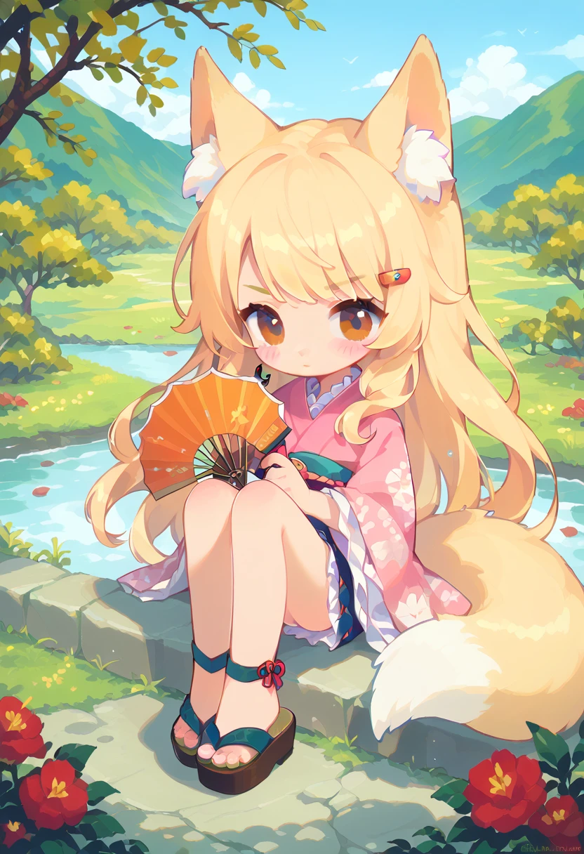 1girl, solo, masterpiece, best quality, blushing, cute girl, long blonde hair, fox ears with white fluff, fluffy orange fox tail with a white tip at the end of it, pouting, holding a gold and green fan, red and pink kimono laced with a big bow, black flip flops, traditional, Japanese home in the background/landscape, dangly gold earrings, brown eyes, flower hair clip accessory