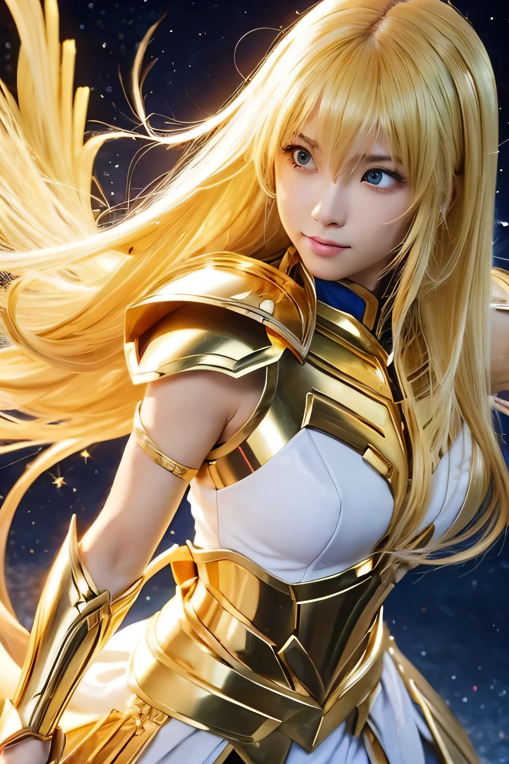  Virgo armor based on the Japanese anime Saint Seiya, shoulder_  armor decoration  ,    (  masterpiece:1.0), (   Better quality :1.0), ( ultra high resolution :1.0) ,(8k resolution:1.0), (realistic:1.0), (ultra detailed1:0),(raw photo:1.0), HDR, photograph,   Kodak Portra 400  , film grain, focused background,  vibrant color , bokeh effect,  Lens reflection, ((  perfect hands )), ((  Very large fake silicon breasts)), ((perfect arms)), (perfect face), {{    perfect anatomy    }}, general plan, small hands, fine fingers,
greek temple,   very detailed background  ,    1 woman wears golden Virgo armor,    golden armor  , Alone,  medium blonde hair , blue eyes, smiling,    looking at the viewer  , face focused,   detailed face ,  vibrant color s,  Symmetrical eyes , visible lips, standing, holding breasts, (  full body  :1.2),