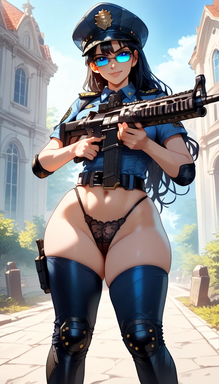 ultra-detailed, 1girl, NicorobinSDXL, ((masterpiece)), (best quality), (highres), 16K, black hair, long hair, blue eyes, tinted eyewear, eyewear on head, peaked cap, wearing police uniform, black panties, tactical belt, thighhighs, knee pads, busty body, large breasts and a beautiful ass, showcasing cleavage, legs, hips, (holding assault rifle), looking at viewer, smile, detailed face, detailed hair, detailed full body, street background