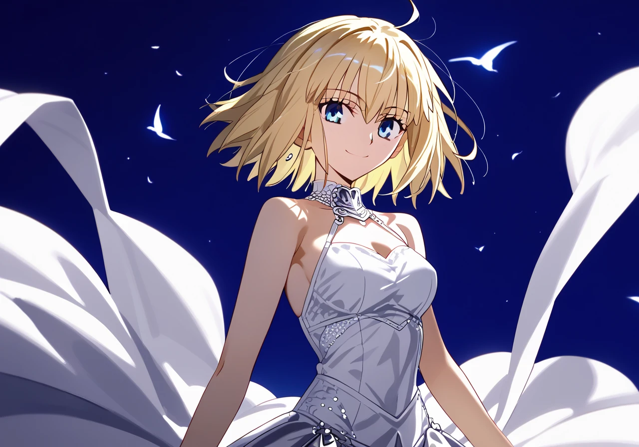 A woman, sunny day, RAW, UHD, 8K, Takeuchi Takashi style, Jeanne D arc, Fate/Grand Oder, (closeup:1.1), highly detailed face, blonde hair, blue eyes, White evening dress, hand, Smile, Look at the viewer, only face and waist, Breast, Belly